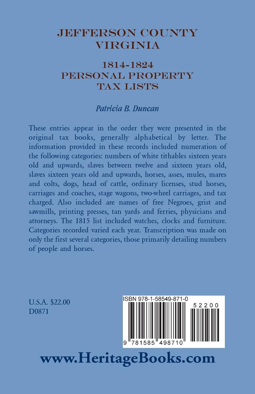Rückseitencover Jefferson County, [West] Virginia, 1814-1824 Personal Property Tax Lists