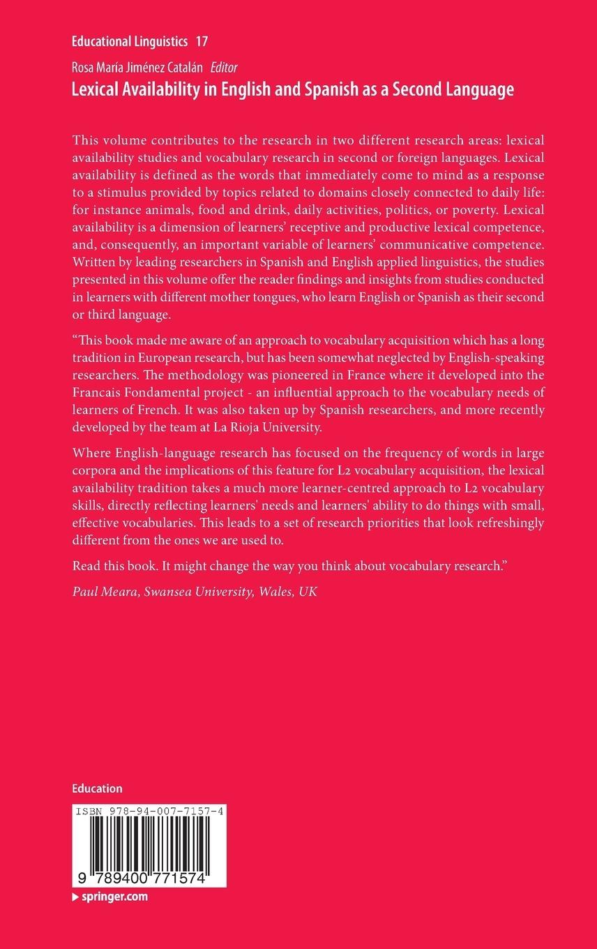 Rückseitencover Lexical Availability in English and Spanish as a Second Language