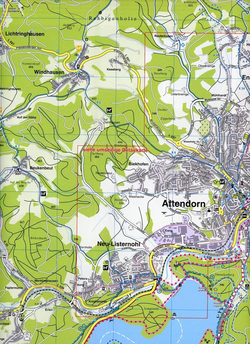 Beispielinhalt (Bild) Attendorn mit Biggesee, KVplan, Wanderkarte/Radkarte/Stadtplan, 1:20.000 / 1:10.000 / 1:5.000