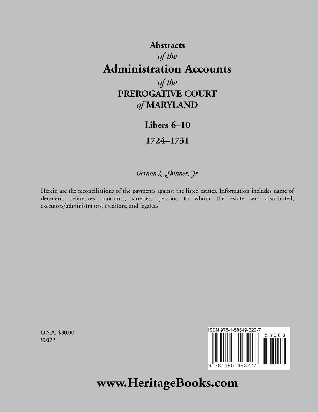 Rückseitencover Abstracts of the Administration Accounts of the Prerogative Court of Maryland, 1724-1731, Libers 6-10