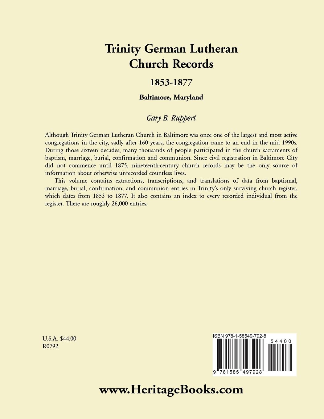 Rückseitencover Trinity German Lutheran Church Records, 1853-1877
