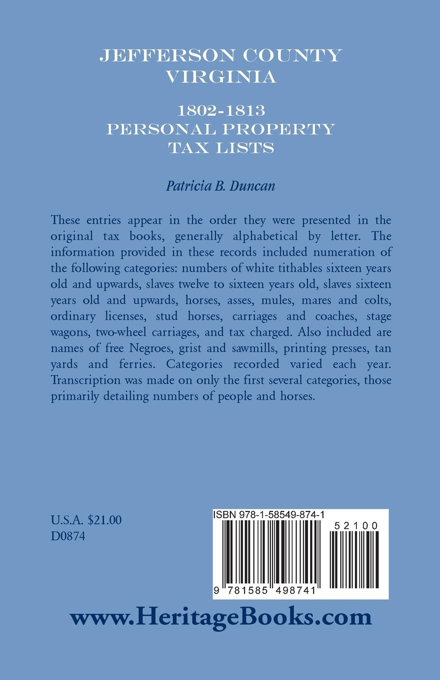 Rückseitencover Jefferson County, [West] Virginia, 1802-1813 Personal Property Tax Lists