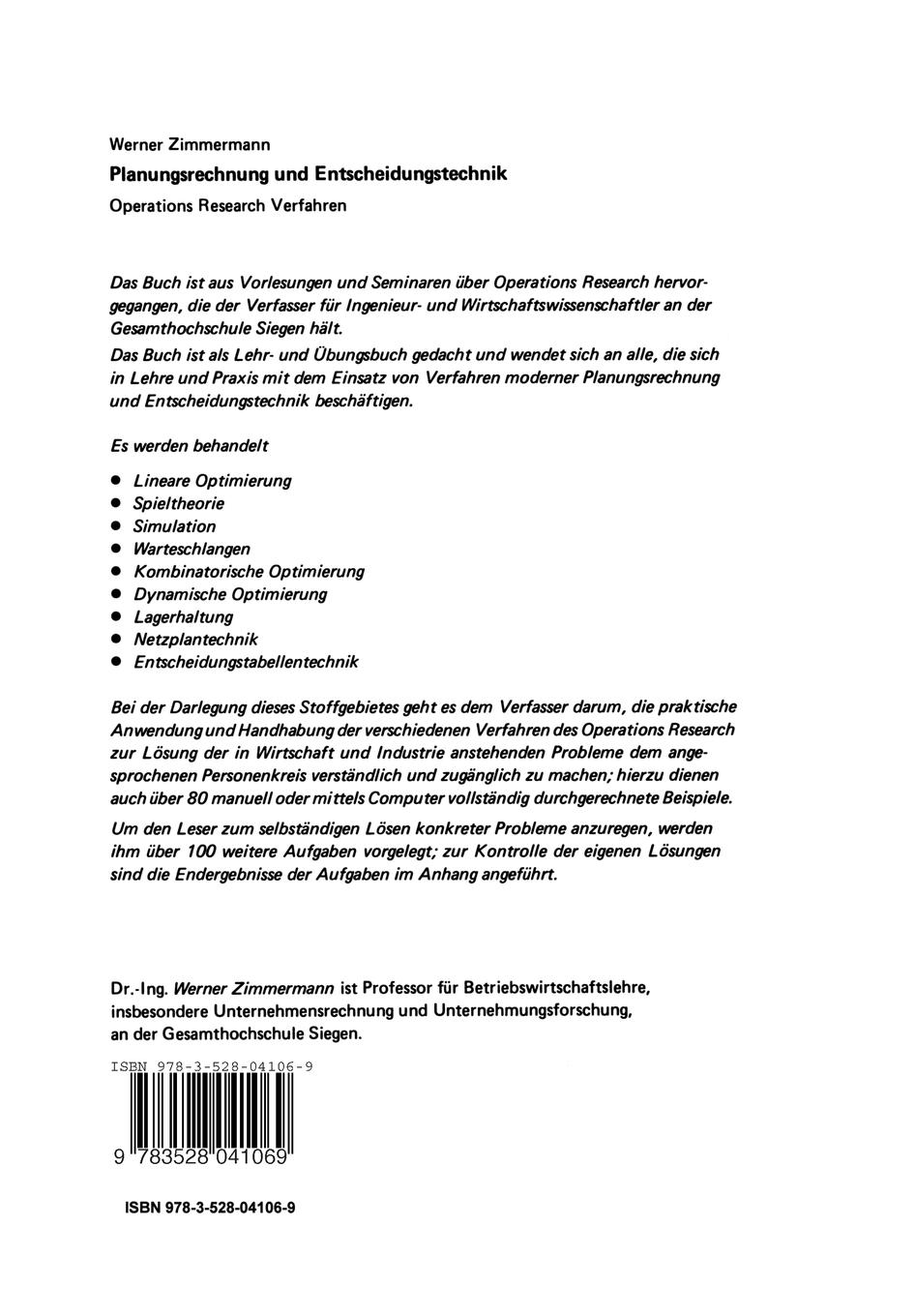 Rückseitencover Planungsrechnung und Entscheidungstechnik