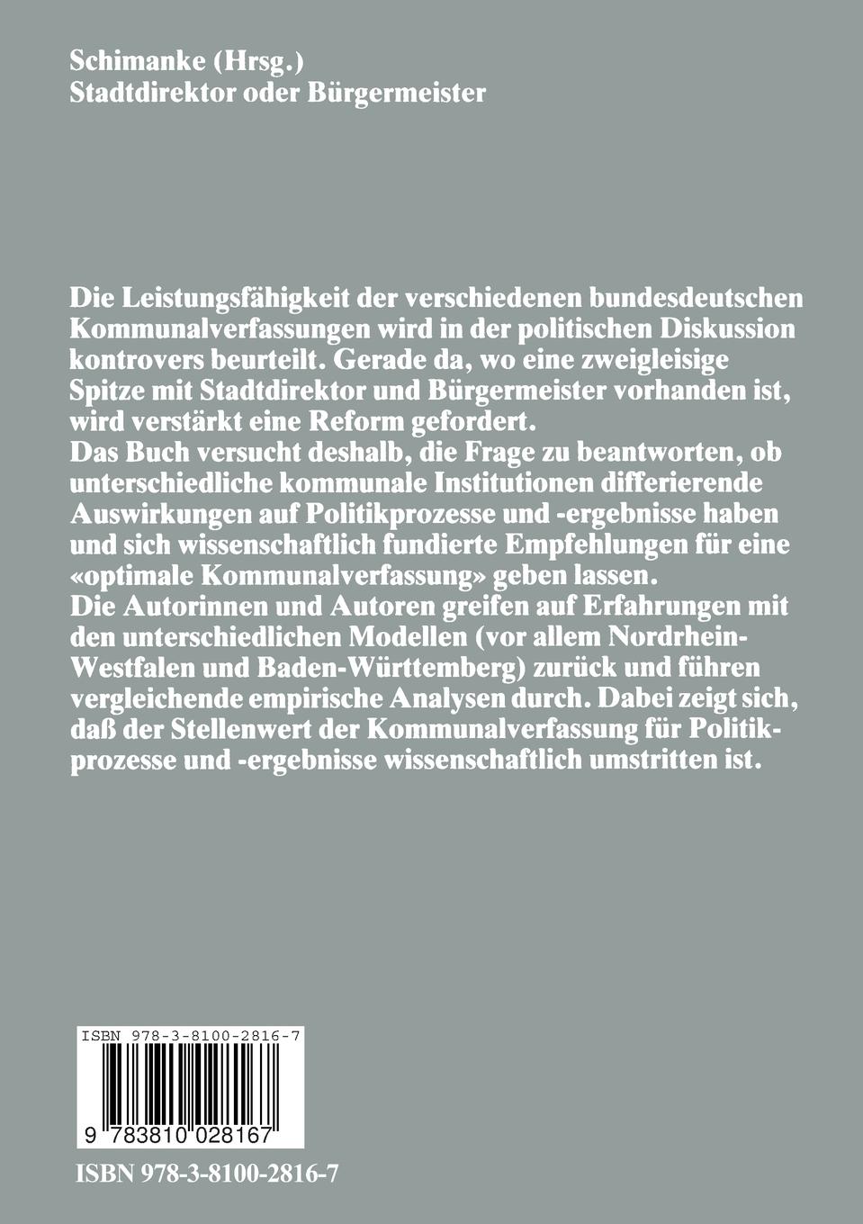 Rückseitencover Stadtdirektor oder Bürgermeister