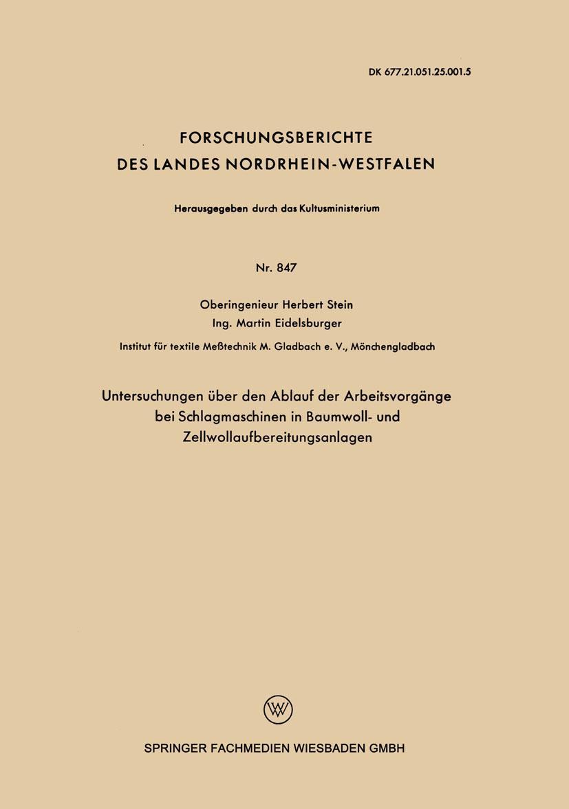Vorderes Coverbild Untersuchungen über den Ablauf der Arbeitsvorgänge bei Schlagmaschinen in Baumwoll- und Zellwollaufbereitungsanlagen