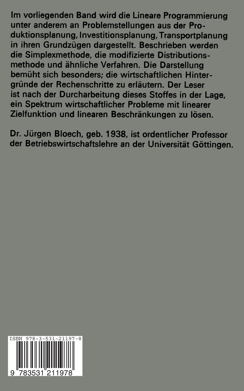 Rückseitencover Lineare Optimierung für Wirtschaftswissenschaftler