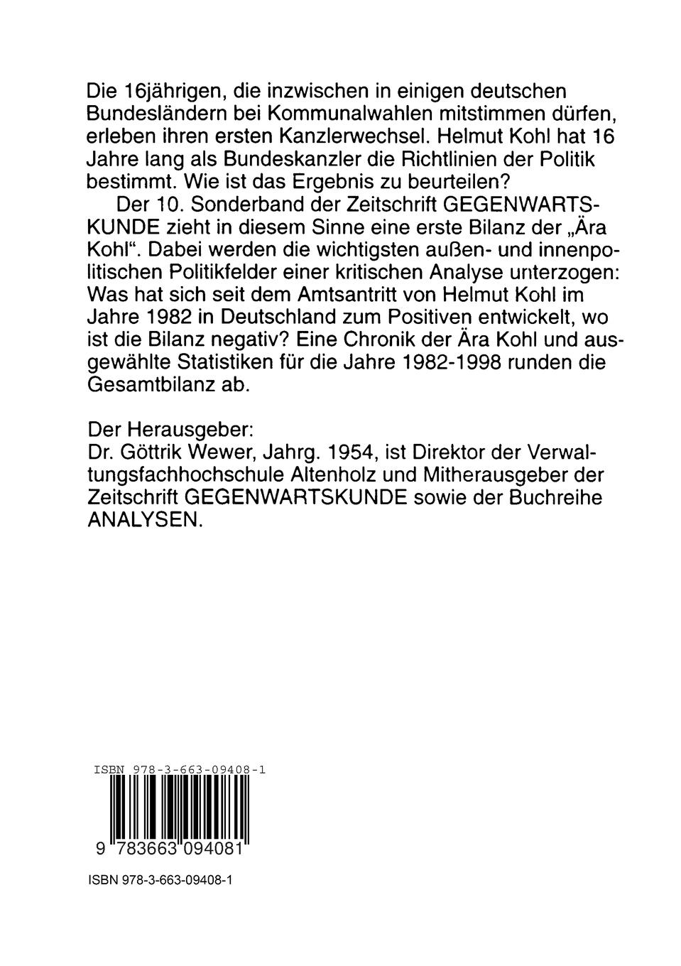 Rückseitencover Bilanz der Ära Kohl