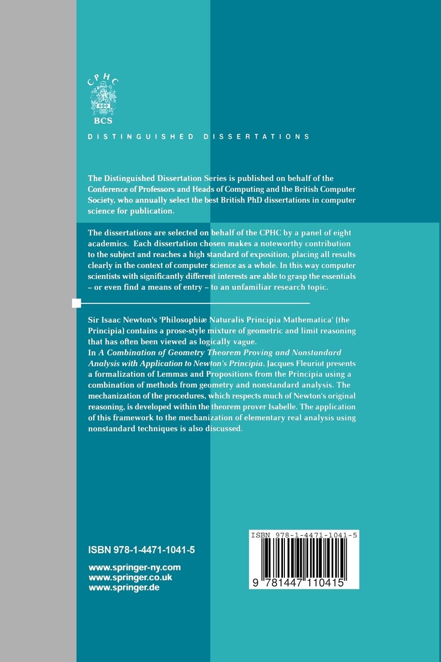 Rückseitencover A Combination of Geometry Theorem Proving and Nonstandard Analysis with Application to Newton's Principia