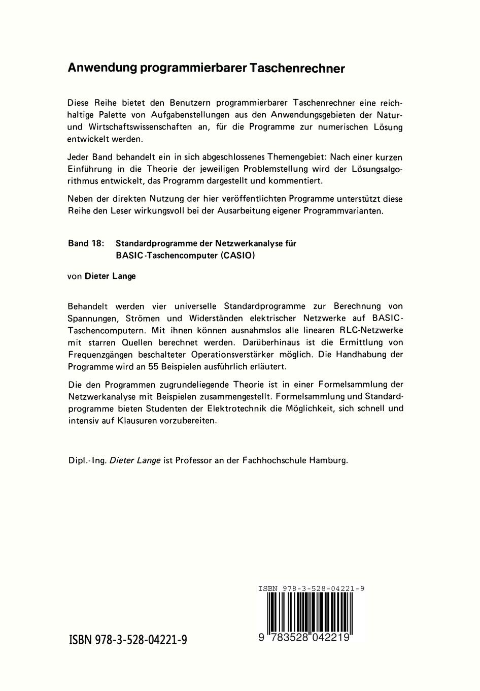 Rückseitencover Standardprogramme der Netzwerkanalyse für BASIC-Taschencomputer (CASIO)