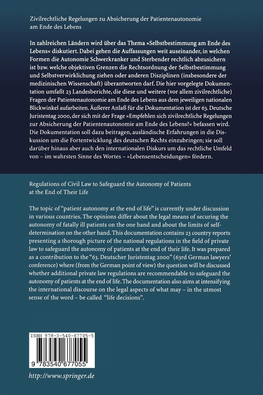 Rückseitencover Zivilrechtliche Regelungen zur Absicherung der Patientenautonomie am Ende des Lebens/Regulations of Civil Law to Safeguard the Autonomy of Patients at the End of Their Life