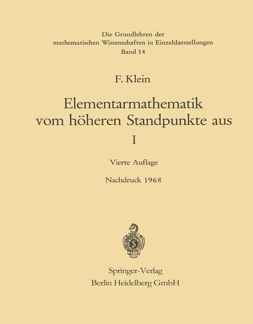Vorderes Coverbild Elementarmathematik vom Höheren Standpunkte aus, I