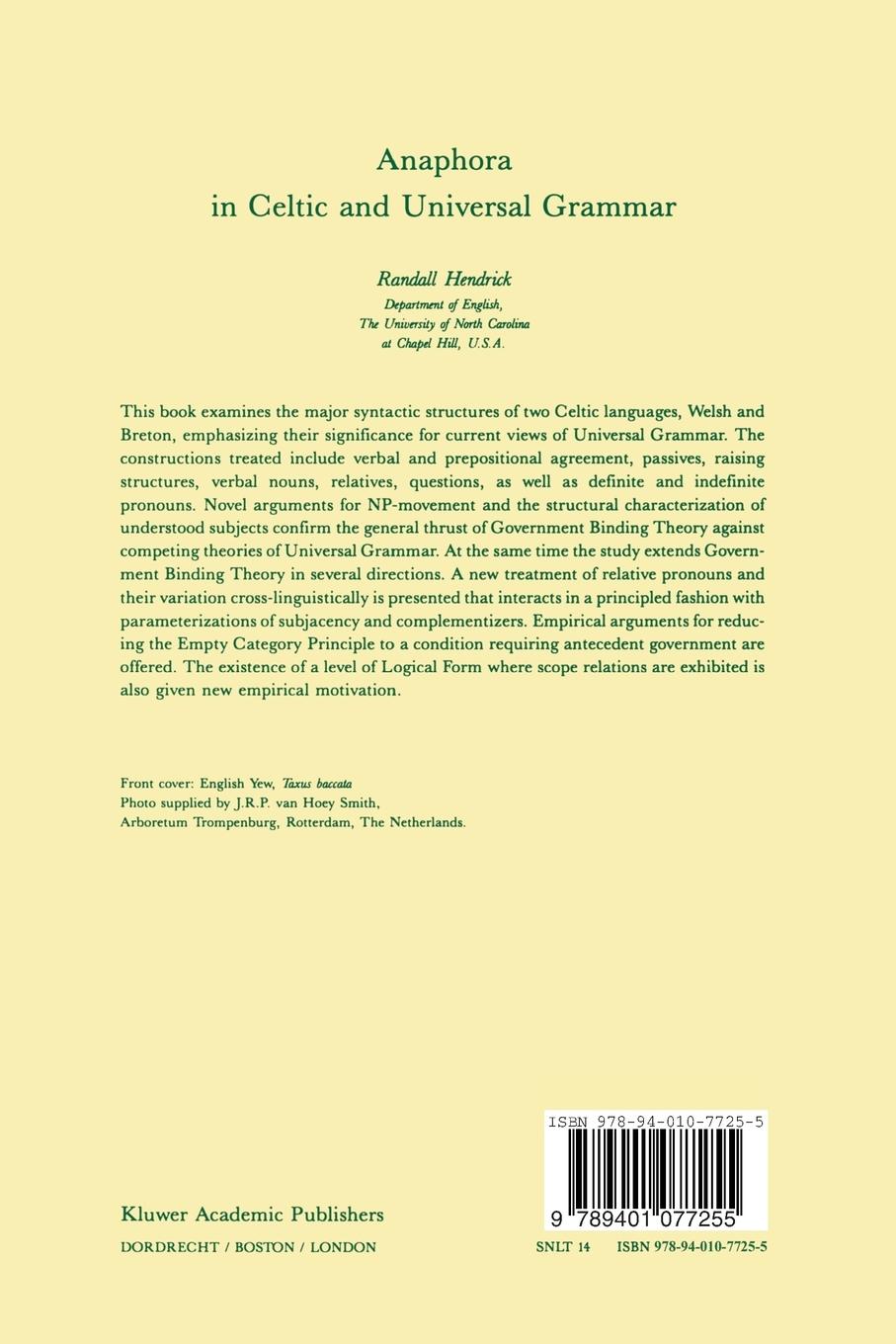 Rückseitencover Anaphora in Celtic and Universal Grammar