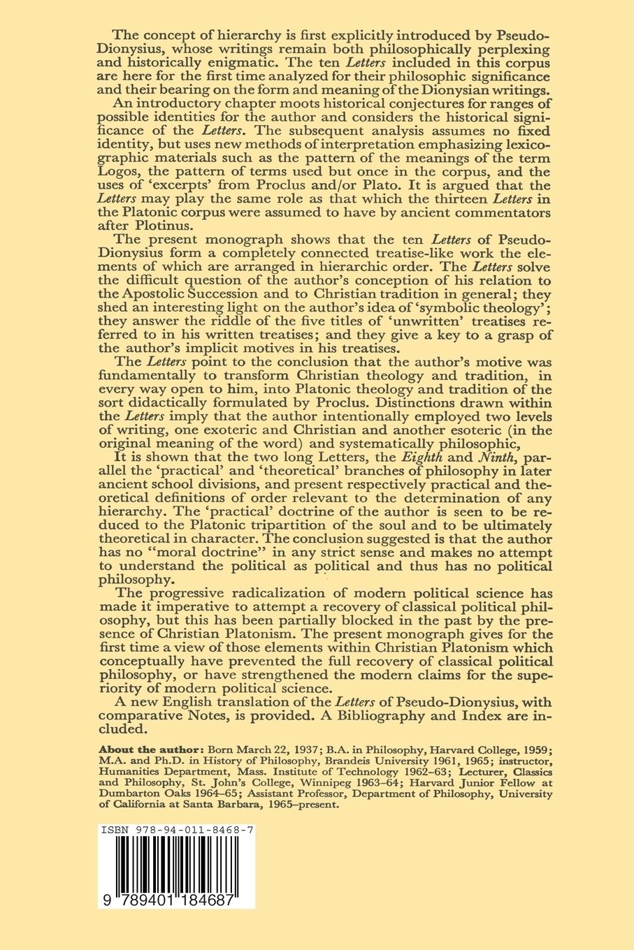 Rückseitencover Hierarchy and the Definition of Order in the Letters of Pseudo-Dionysius