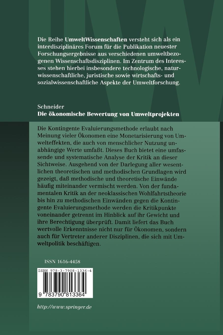 Rückseitencover Die ökonomische Bewertung von Umweltprojekten