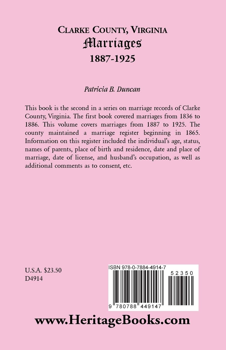 Rückseitencover Clarke County, Virginia Marriages, 1887-1925