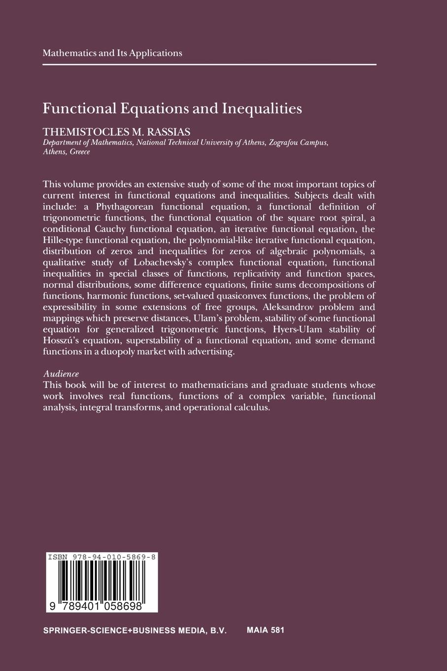 Rückseitencover Functional Equations and Inequalities