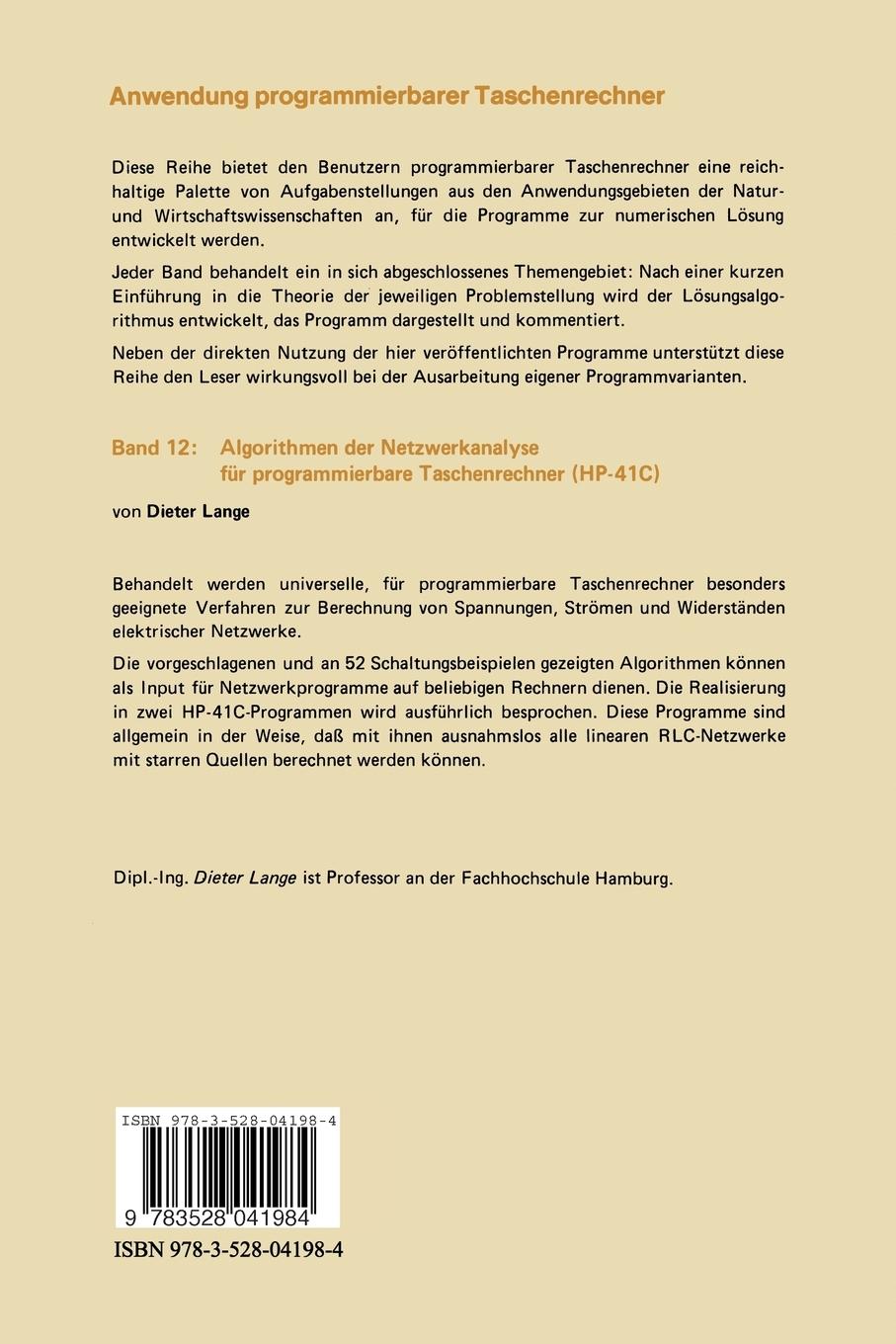 Rückseitencover Algorithmen der Netzwerkanalyse für programmierbare Taschenrechner (HP-41C)