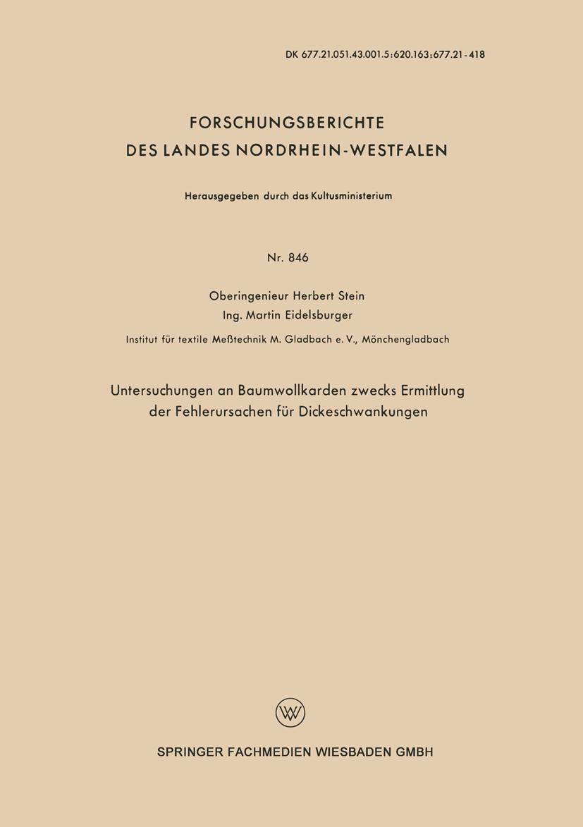 Vorderes Coverbild Untersuchungen an Baumwollkarden zwecks Ermittlung der Fehlerursachen für Dickeschwankungen