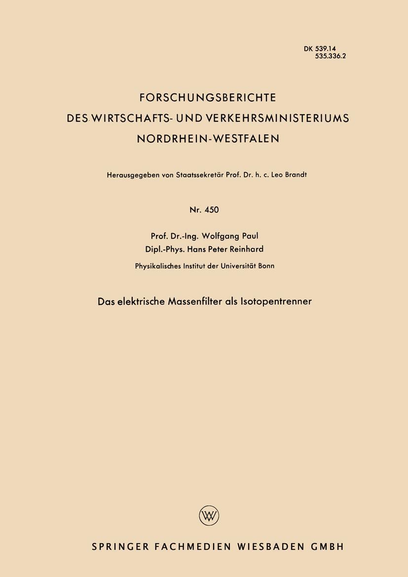 Vorderes Coverbild Das elektrische Massenfilter als Isotopentrenner