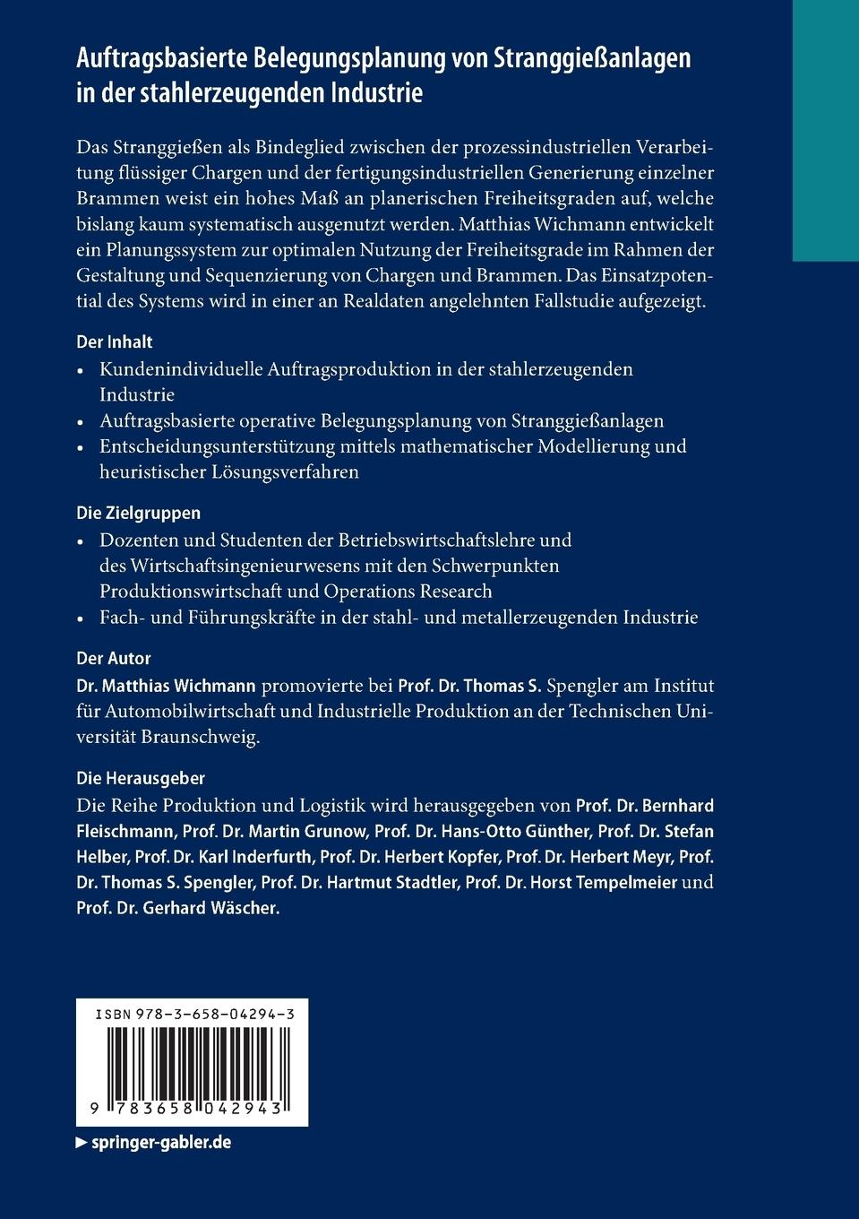 Rückseitencover Auftragsbasierte Belegungsplanung von Stranggießanlagen in der stahlerzeugenden Industrie