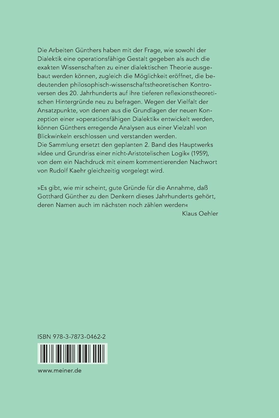 Rückseitencover Beiträge zur Grundlegung einer operationsfähigen Dialektik / Wirklichkeit als Poly-Kontexturalität