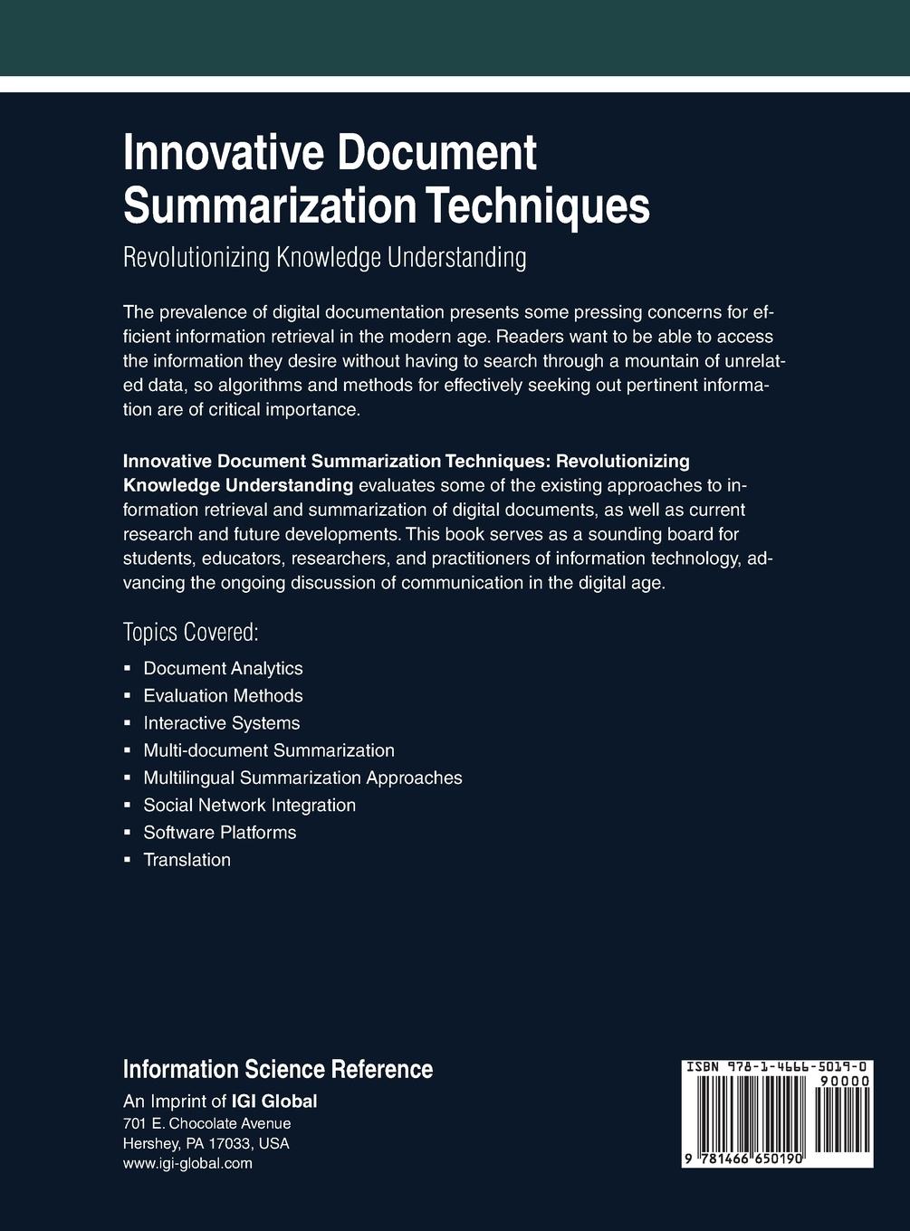 Rückseitencover Innovative Document Summarization Techniques