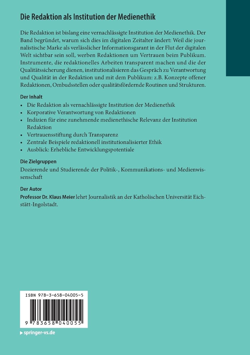 Rückseitencover Die Redaktion als Institution der Medienethik