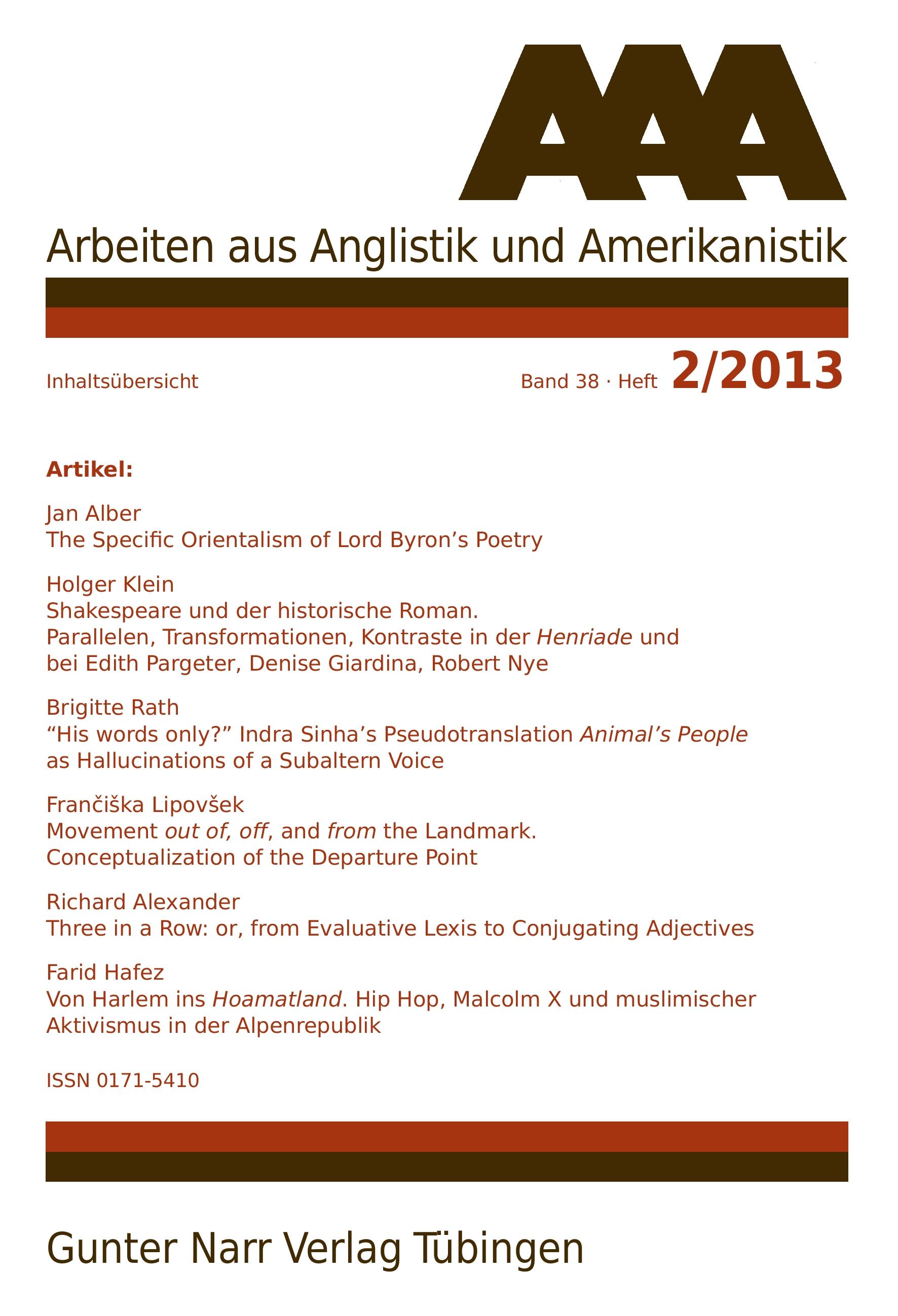 Vorderes Coverbild AAA Arbeiten aus Anglistik und Amerikanistik 2013 Heft 2