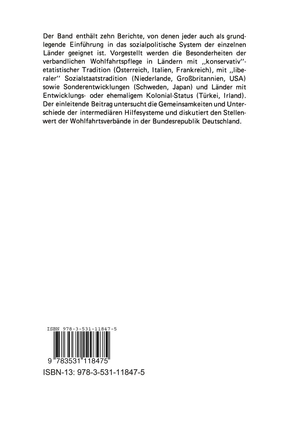 Rückseitencover Verbandliche Wohlfahrtspflege im internationalen Vergleich