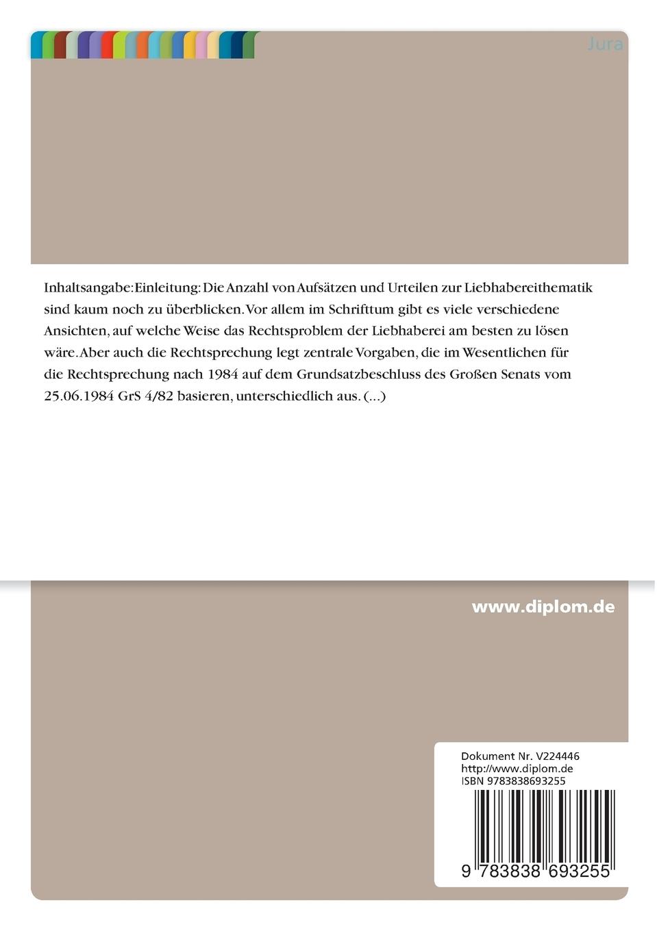 Rückseitencover Das Rechtsinstitut der Liebhaberei