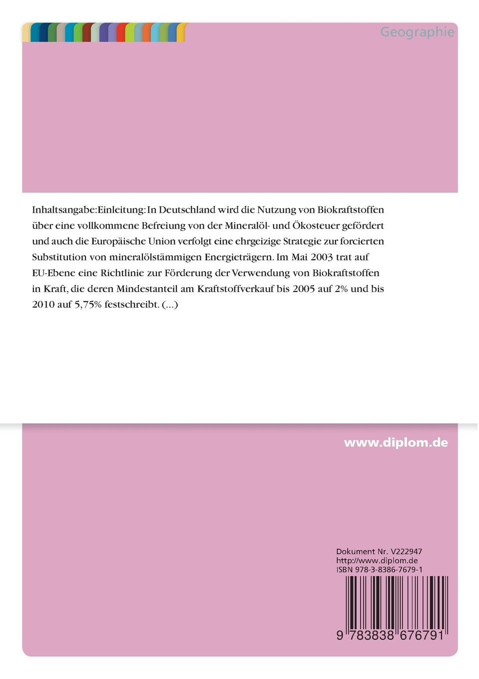 Rückseitencover Biokraftstoffe - Potenzial, Zukunftsszenarien und Herstellungsverfahren im wirtschaftlichen Vergleich