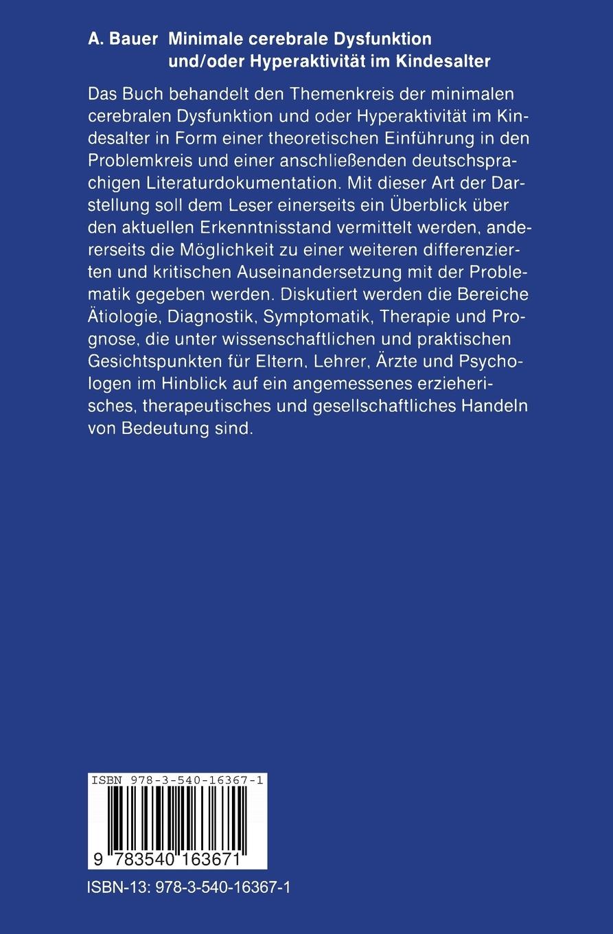 Rückseitencover Minimale cerebrale Dysfunktion und/oder Hyperaktivität im Kindesalter