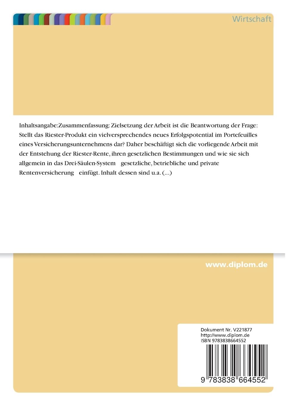 Rückseitencover Die praktische Umsetzung und Produktpositionierung der Riester-Rente im Rahmen des Altersvermögensgesetzes