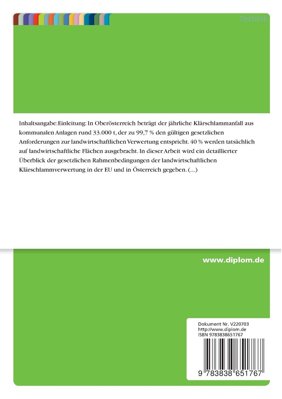 Rückseitencover Probleme der Klärschlammverwertung unter besonderer Berücksichtigung der oberösterreichischen Situation mit Vorschlägen zu einer EU-konformen Klärschlammregelung