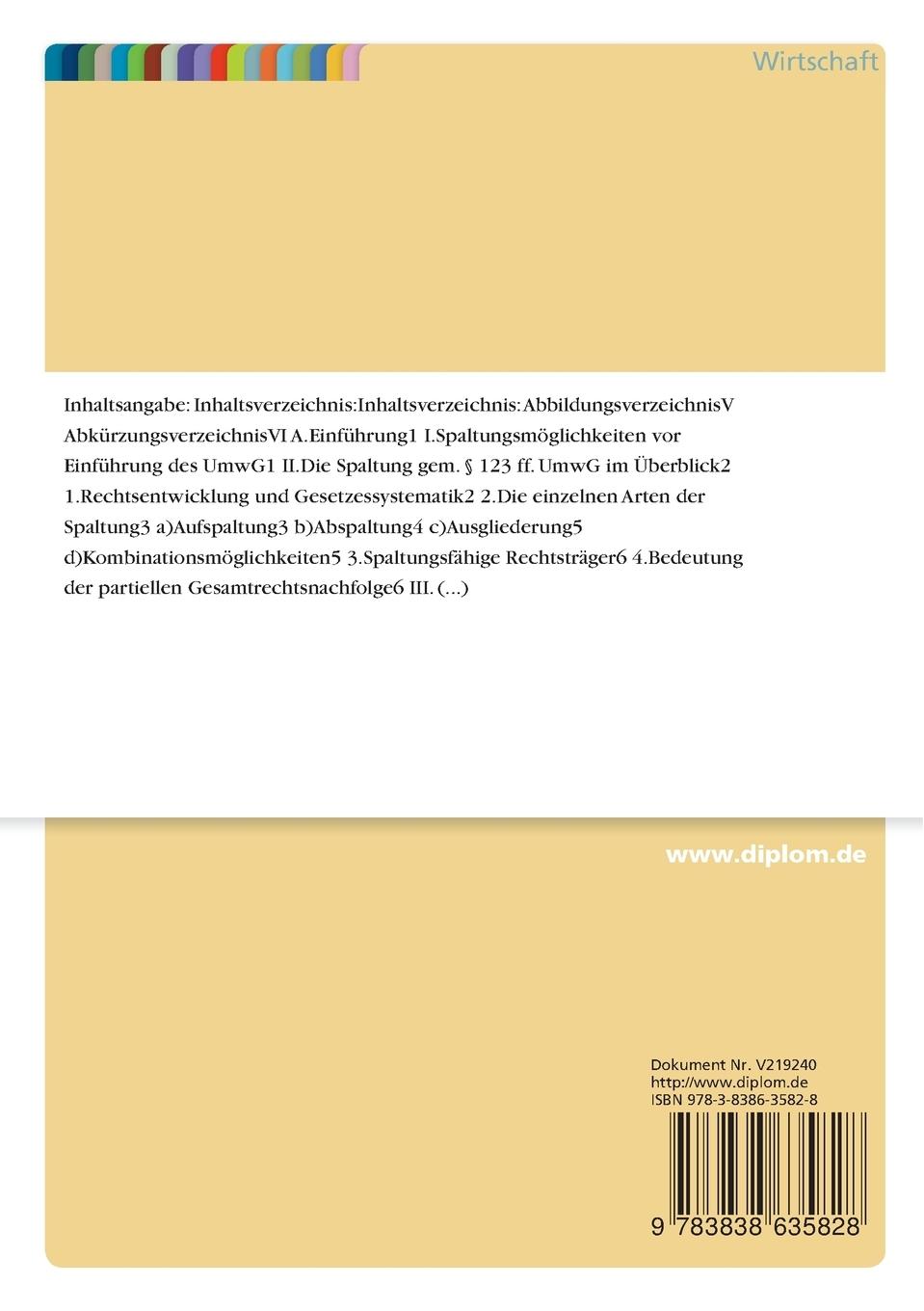 Rückseitencover Die Bilanzierung der Spaltung beim übertragenden und übernehmenden Rechtsträger