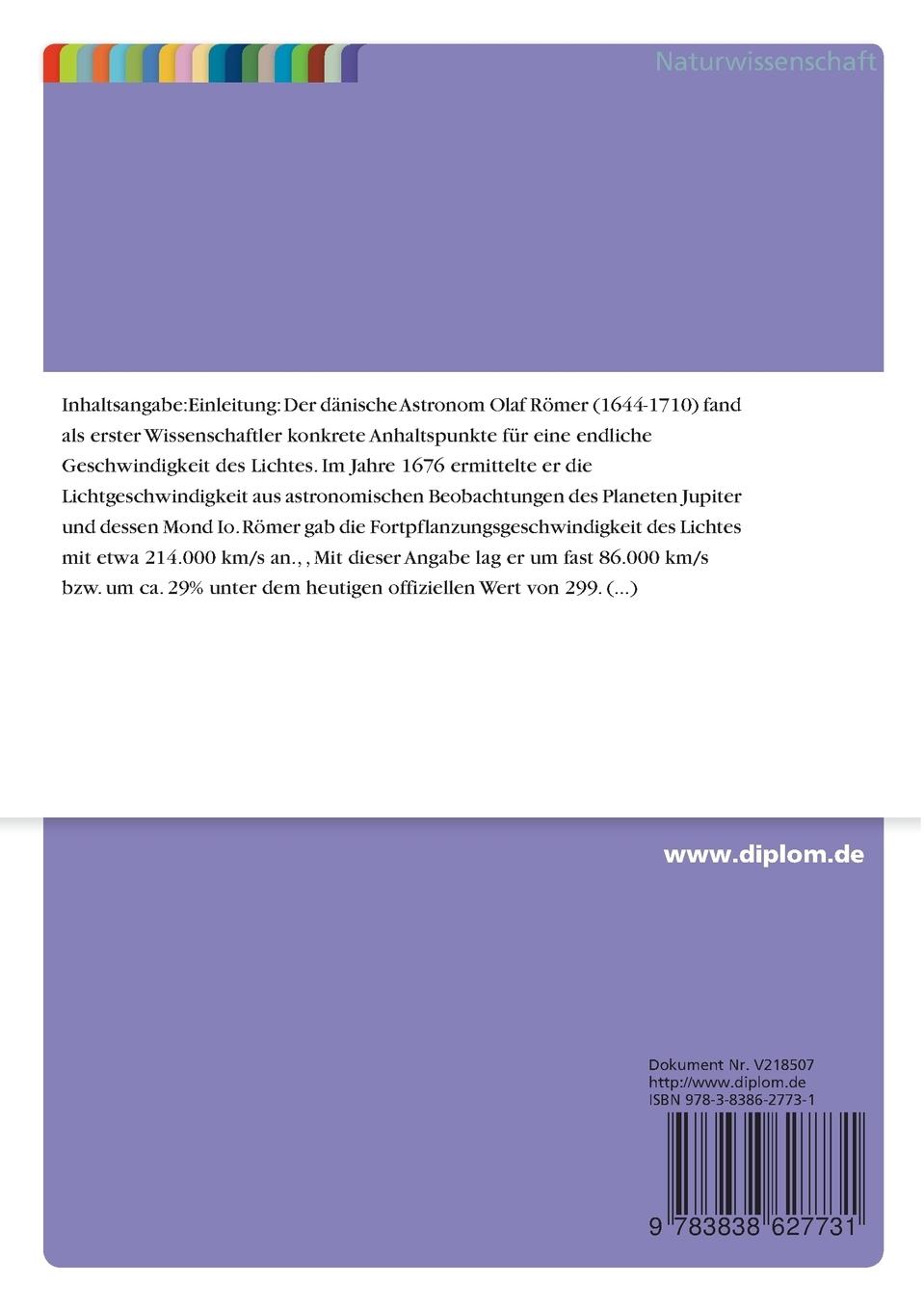 Rückseitencover Methoden zur Messung der Lichtgeschwindigkeit und Aspekte zur Konstanz der Lichtgeschwindigkeit
