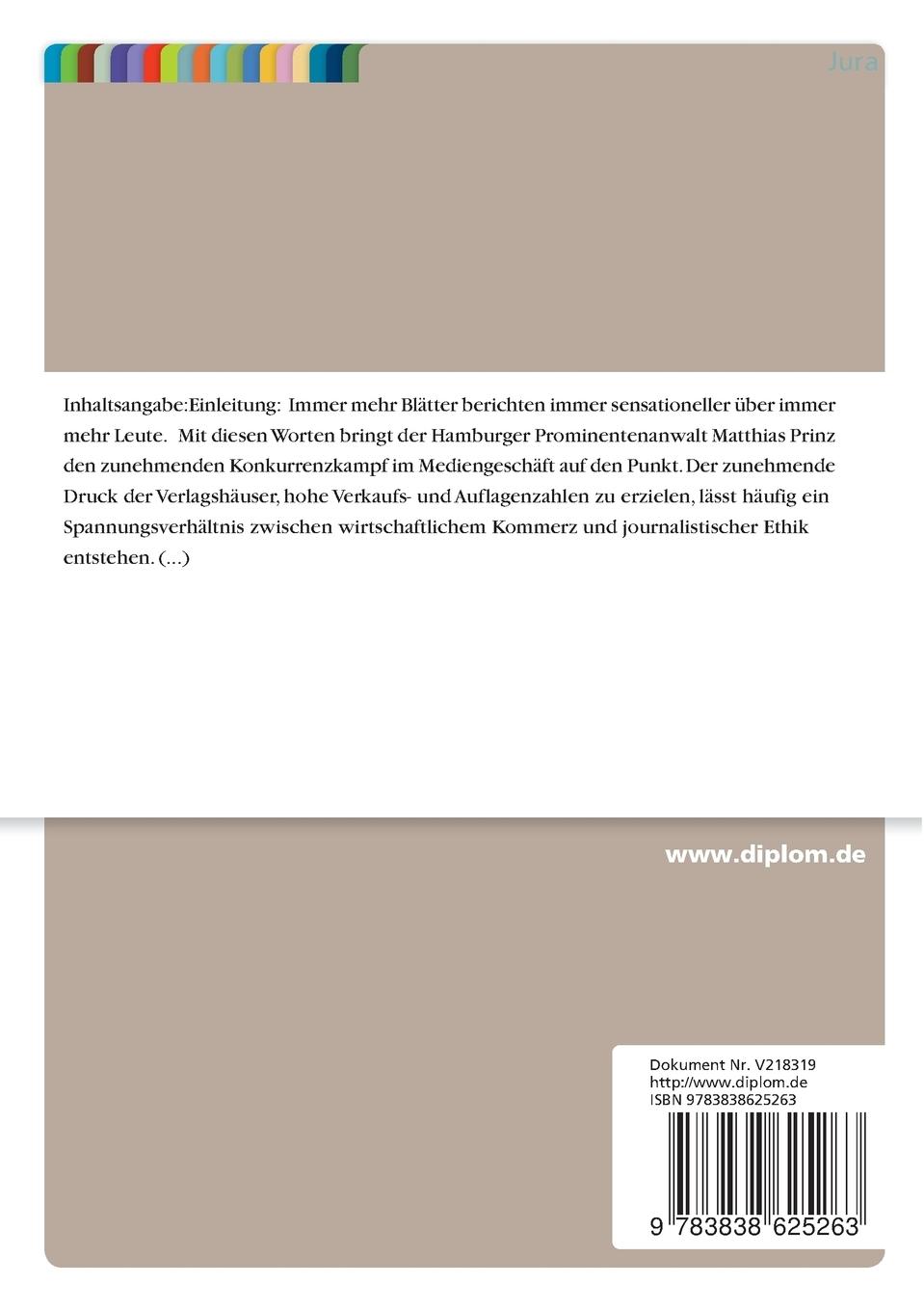 Rückseitencover Der Schutz des Persönlichkeitsrechts durch Gesetz und journalistisches Standesrecht