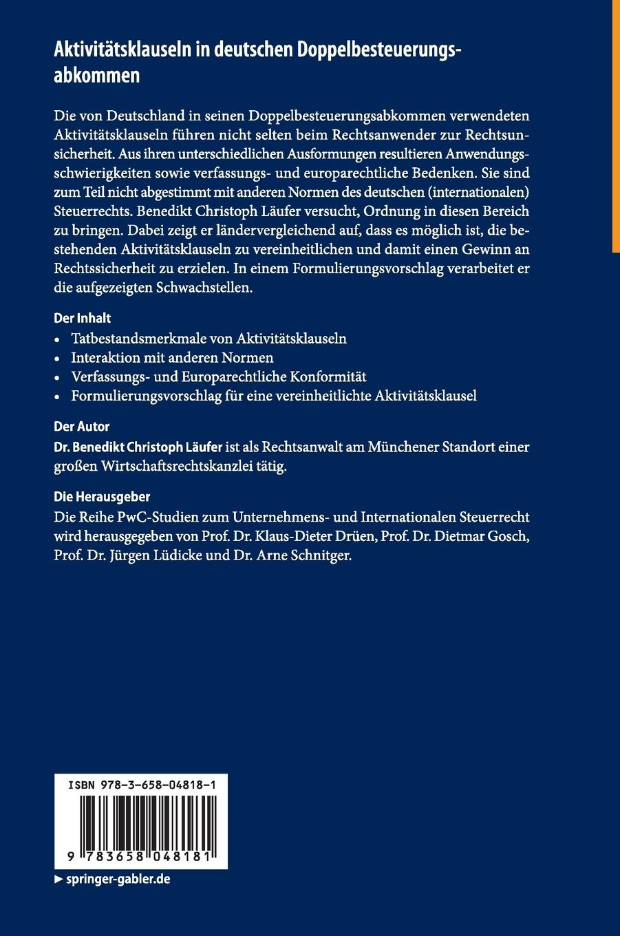 Rückseitencover Aktivitätsklauseln in deutschen Doppelbesteuerungsabkommen