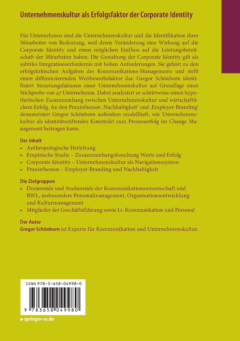 Rückseitencover Unternehmenskultur als Erfolgsfaktor der Corporate Identity