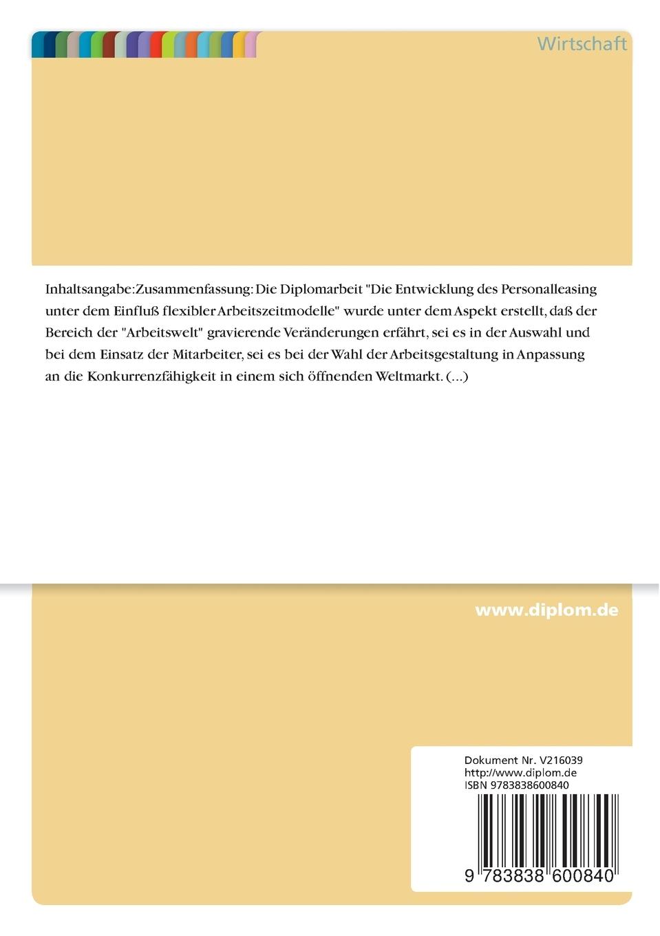 Rückseitencover Die Entwicklung des Personalleasings unter dem Einfluß flexibler Arbeitszeitmodelle