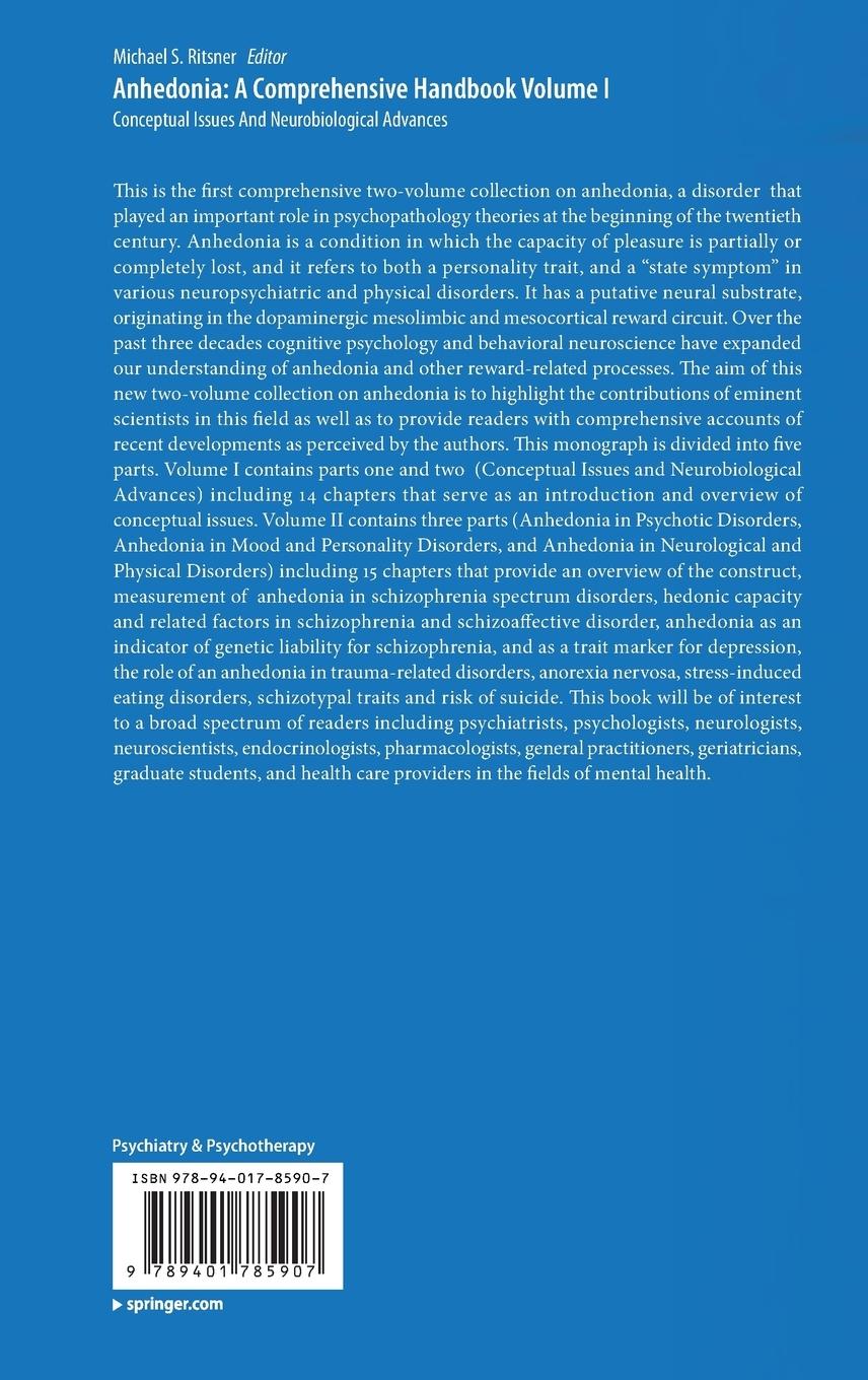 Rückseitencover Anhedonia: A Comprehensive Handbook Volume I