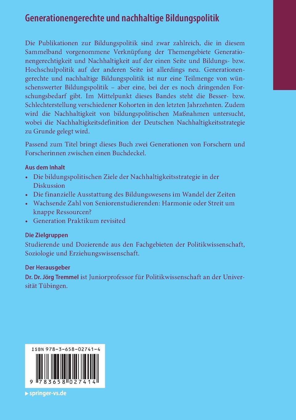 Rückseitencover Generationengerechte und nachhaltige Bildungspolitik