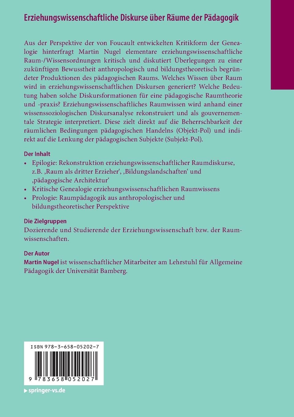 Rückseitencover Erziehungswissenschaftliche Diskurse über Räume der Pädagogik