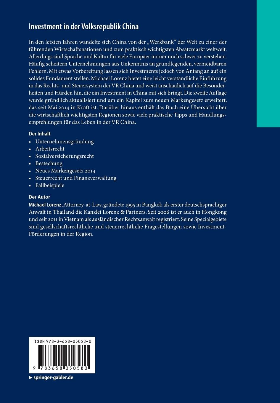 Rückseitencover Investment in der Volksrepublik China