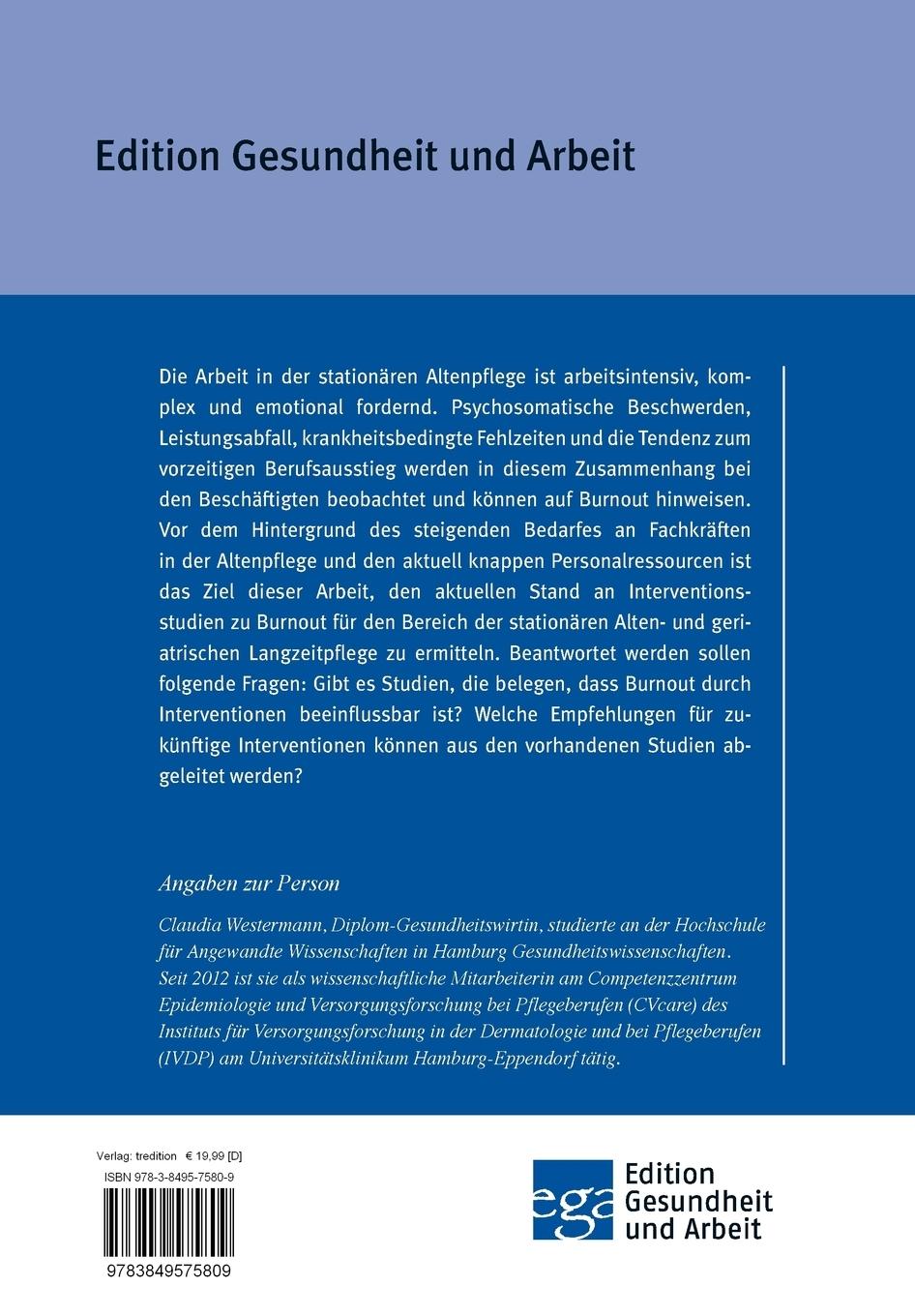 Rückseitencover Interventionsstudien zu Burnout bei Beschäftigten in der Alten- und geriatrischen Langzeitpflege