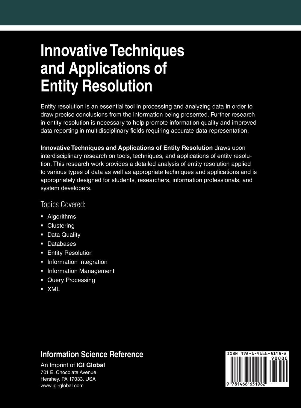Rückseitencover Innovative Techniques and Applications of Entity Resolution