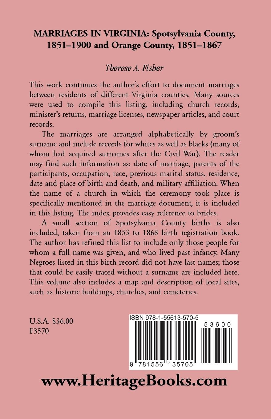 Rückseitencover Marriages in Virginia, Spotsylvania County 1851-1900 and Orange County, 1851-1867