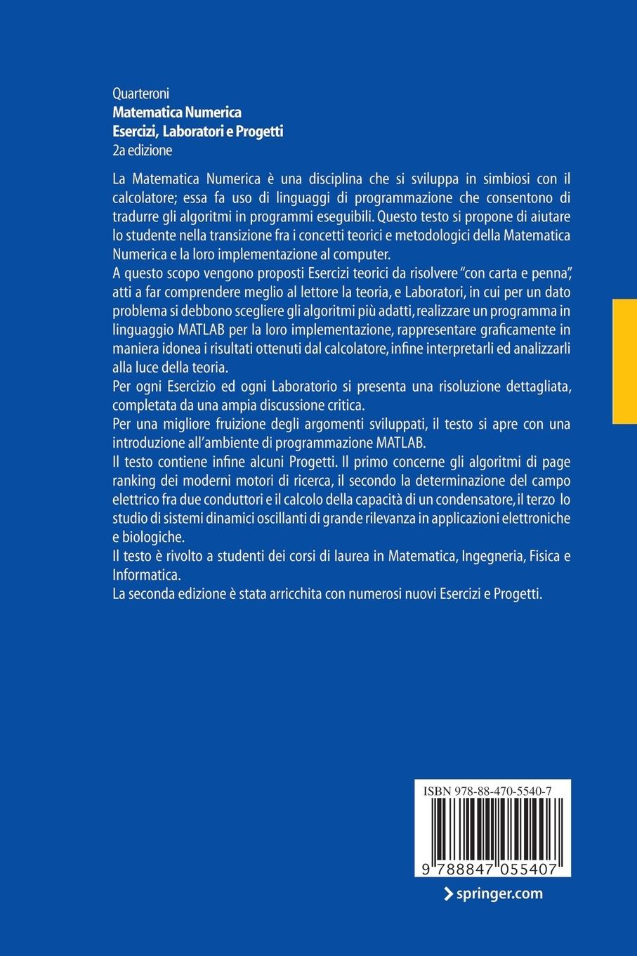 Rückseitencover Matematica Numerica Esercizi, Laboratori E Progetti