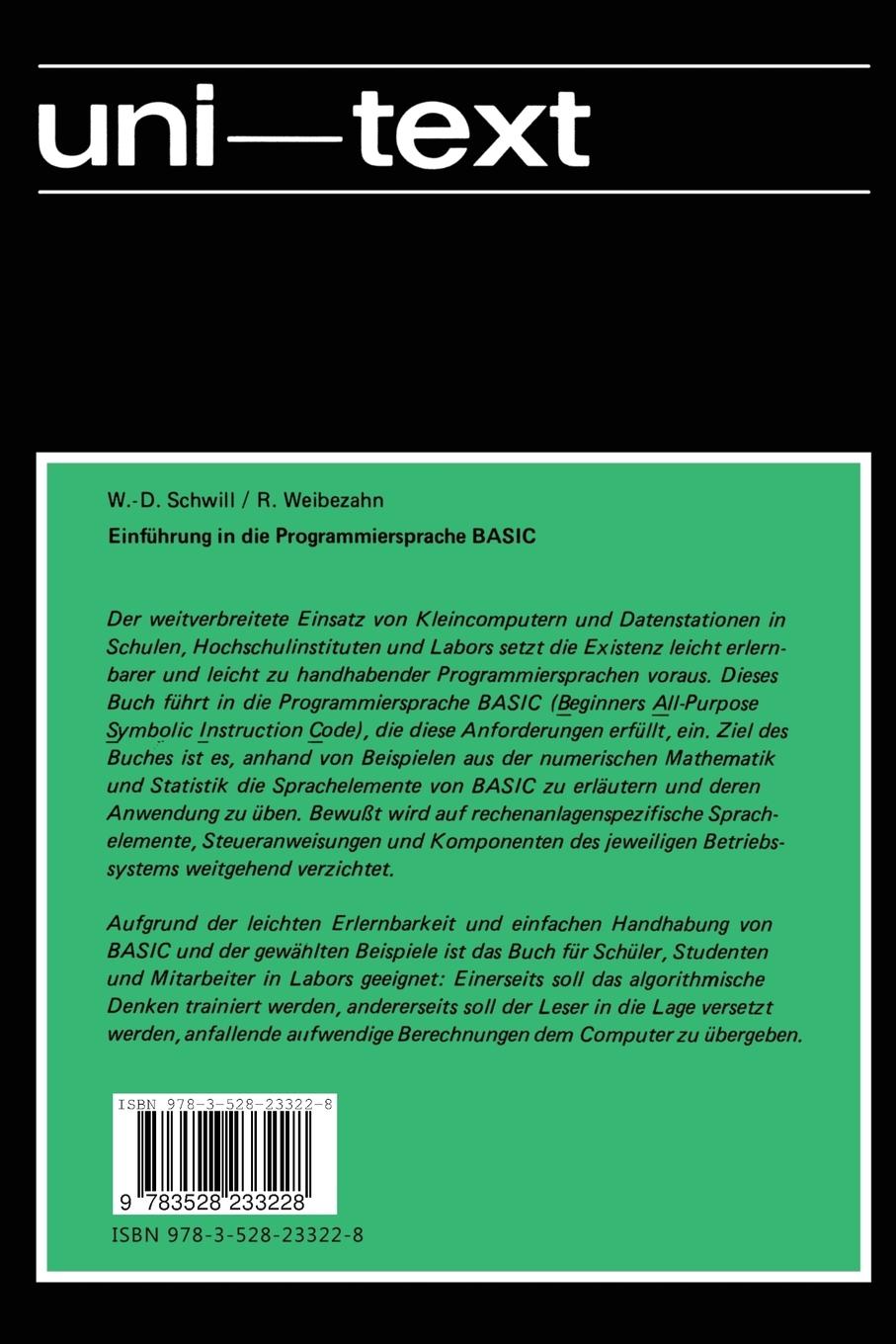 Rückseitencover Einführung in die Programmiersprache BASIC