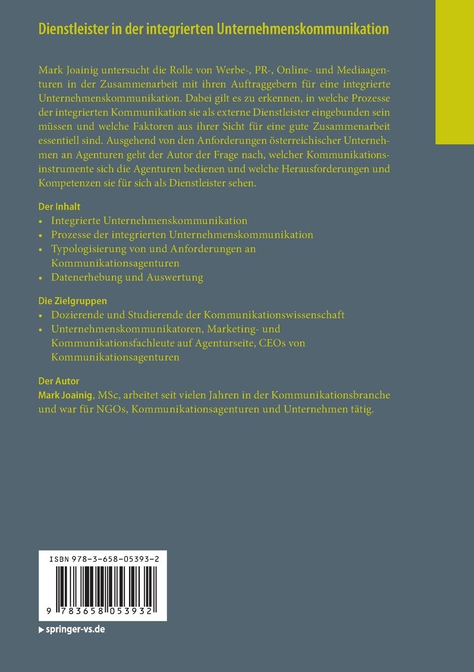 Rückseitencover Dienstleister in der integrierten Unternehmenskommunikation